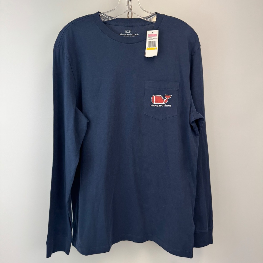 Vineyard Vines Long Sleeve Pocket T-Shirt Men's M Blue Football Whale NWT
